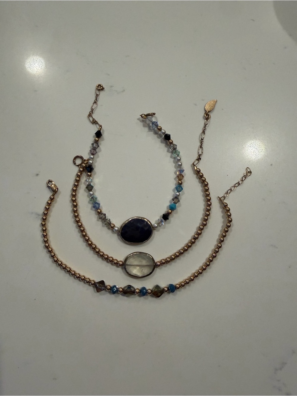 14 K Gold Filled Beaded Bracelet Set with Blue and Clear Stone Accents